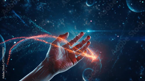 Hand reaching out with glowing orange energy ring in space image photo