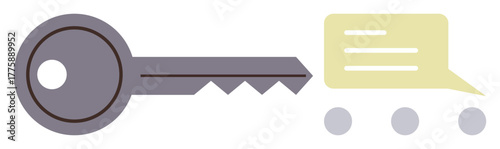 Metallic key alongside chat bubble with ellipsis symbolizing access, communication, security, and connection. Ideal for technology, cybersecurity, messaging, conversation privacy solutions. Simple