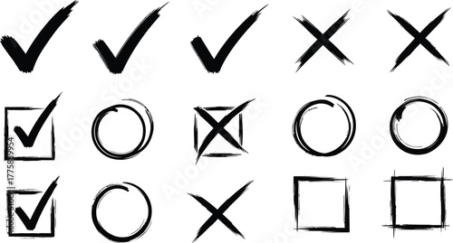 Hand Drawn Brush Stroke Check Marks Cross Marks Circle and Square Shapes Set