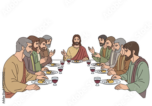 The Last Supper Illustration: Jesus and Disciples at the Table with Wine and Bread.