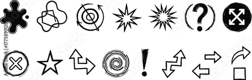Hand Drawn Brush Icon Set,Ink Splatter,Question Mark,Arrows,Exclamation Point