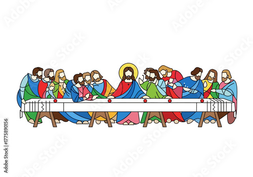Stylized Depiction of the Last Supper with Jesus and Disciples.
