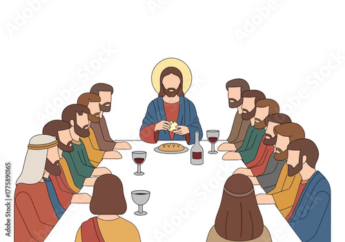 The Last Supper Illustration with Jesus and Disciples Sharing Bread and Wine.