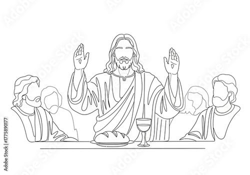 Line Art Depiction of The Last Supper with Jesus Christ.