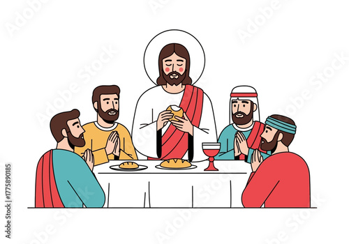 The Last Supper Illustration: Jesus and Disciples Sharing Bread and Wine.