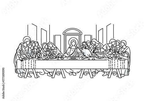 Line Art Depiction of The Last Supper with Jesus and Disciples.