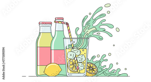 Refreshing summer drink with ice and lemon splash of water.