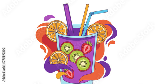 Colorful Fruit Cocktail Illustration with Straws and Citrus Slices.