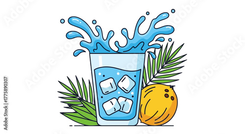Refreshing glass of water with ice cubes and coconut.
