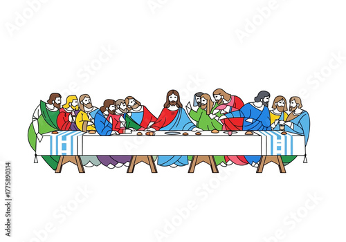 Colorful Depiction of The Last Supper with Jesus and Apostles.