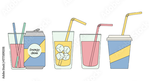Colorful illustrated collection of various soft drinks and beverages.
