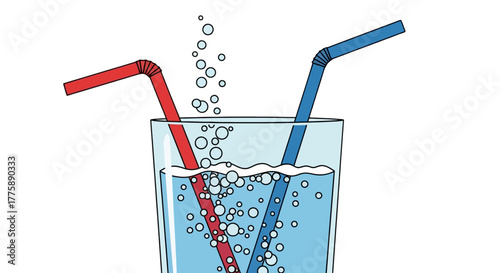 Two colorful drinking straws in a glass of sparkling water.