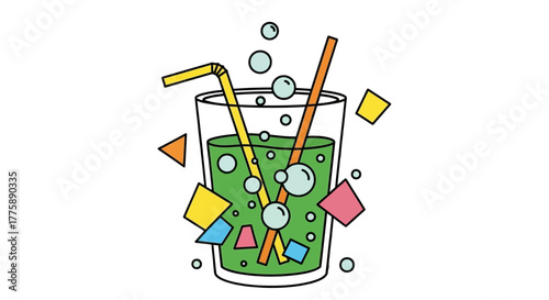 Refreshing green drink with straws and bubbles in a glass.