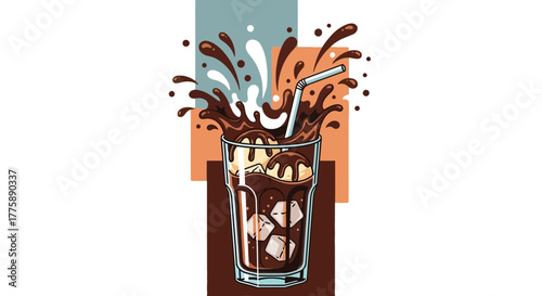Refreshing Iced Coffee Splash with Cream and Ice Cubes.