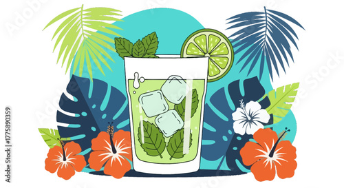 Refreshing Mojito Cocktail with Lime and Mint Leaves.