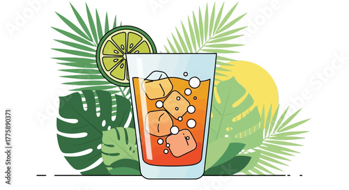 Refreshing glass of iced tea with ice cubes and lime slice.