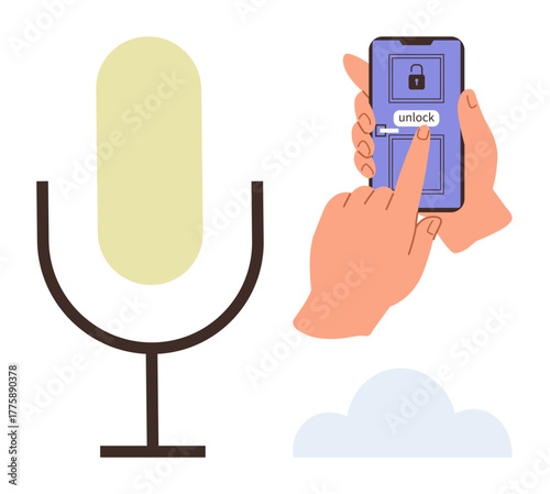 Large microphone icon next to hands unlocking a phone with touch gesture. Ideal for voice control, assistant technology, automation, security access, smart home, digital command, simple flat metaphor