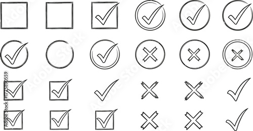 Hand Drawn Check Mark Symbols and Cross Marks Icons on White Background