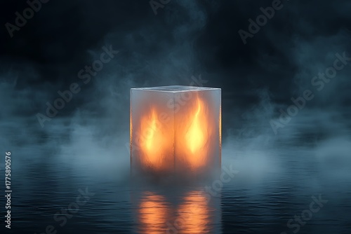 Fiery Cube Surrounded by Mist on Dark Water Surface in a Mysterious Environment