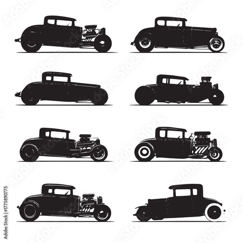 Collection of hot rod silhouettes isolated on white background