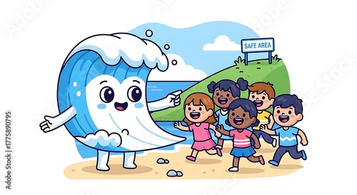 Friendly Ocean Wave Character Guiding a Diverse Group of Children to a Safe Area on the Beach