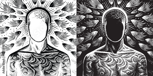 Striking black and white graphic of a human figure with detailed patterns, representing inner thoughts and emotions in dual contrasting panels
