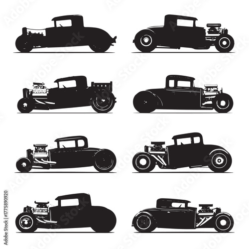 Hot rod car silhouettes set isolated on white background