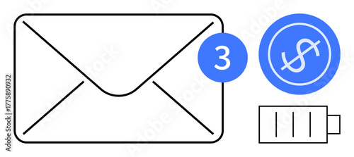 Envelope with blue notification count, dollar coin, and battery icon. Ideal for email management, payment systems, financial messages, productivity, online transactions energy communication. Simple