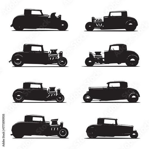 Collection of hot rod car silhouettes isolated on white background