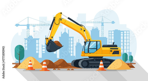 Powerful yellow excavator digs dirt at bustling urban construction site with cranes and buildings creating a dynamic industrial scene