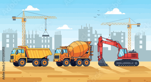 Vibrant construction scene with yellow dump truck, concrete mixer, and red excavator working on a new building project.