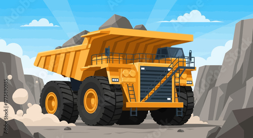 Massive yellow mining truck hauling heavy load through rugged terrain under a bright blue sky, showcasing industrial power and excavation.