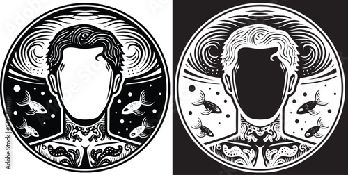 Striking black and white illustration of a mysterious faceless man with intricate fish, waves, and tattoo designs for creative projects