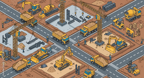 Dynamic construction site buzzing with activity, heavy machinery, and workers building modern infrastructure for urban development