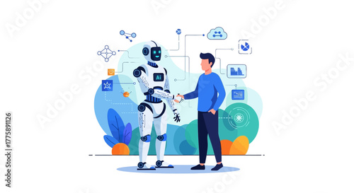 Human and advanced AI robot shaking hands symbolizing collaboration and future technology integration in business and innovation