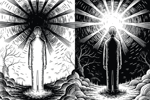 Striking contrast artwork showing light and dark choices, with hooded figure standing between opposing forces creating a powerful visual metaphor