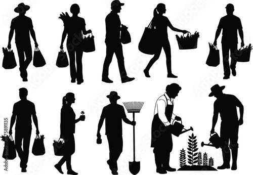 Farmer and gardener silhouette vector illustration, people carrying vegetables, watering plants, and working in garden, agriculture lifestyle concept design for farming artwork