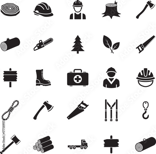 Lumberjack Silhouette icon collection. Includes Silhouette symbols lumberjack, wood, forestry, axe, chainsaw, tree and more. Isolated icons. Lumberjack icon set. 