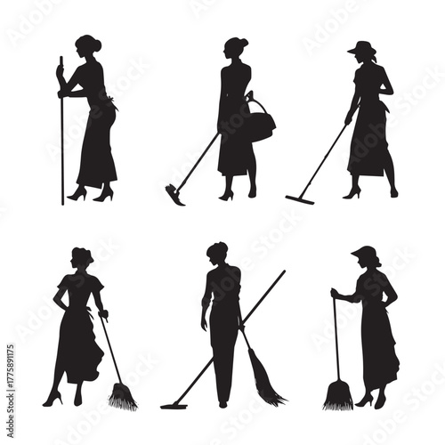 House cleaning lady silhouette set isolated on white background