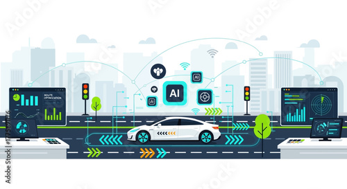Futuristic autonomous vehicle navigating smart city with AI route optimization and data analytics displayed on screens
