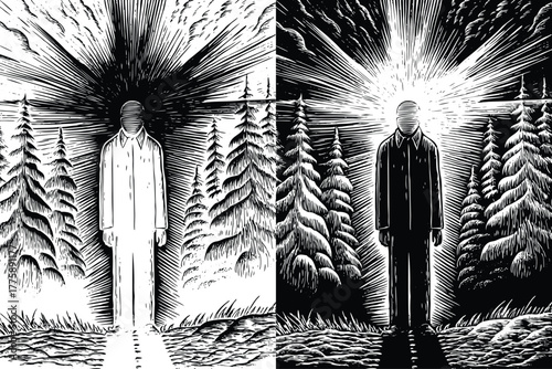 Eerie faceless figure standing in a forest illuminated by stark light, a powerful illustration of mystery, solitude, and the unknown in nature