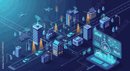 Dynamic smart city concept visualized with AI technology, autonomous vehicles, and drones connecting infrastructure for seamless urban living