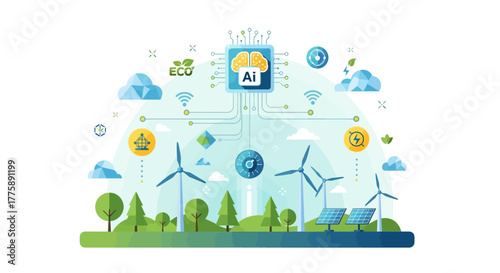 Smart AI technology powering clean energy future with wind turbines and solar panels creating sustainable eco-friendly environment