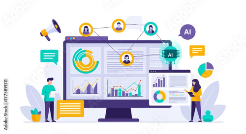 Team analyzing AI powered marketing data for social connections and trend analysis, brainstorming solutions for growth and success with modern technology
