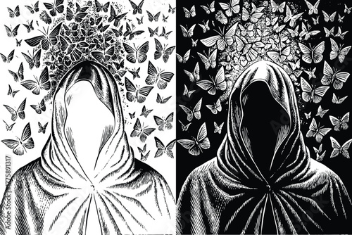Ethereal hooded figure with butterfly halo in contrasting black and white, a striking symbol of transformation, mystery, and the duality of light and darkness