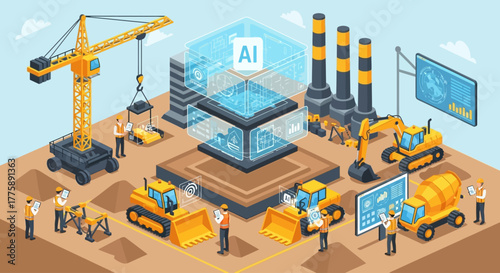 AI powered construction site with smart machinery and digital dashboards for efficient project management and enhanced productivity with skilled workers