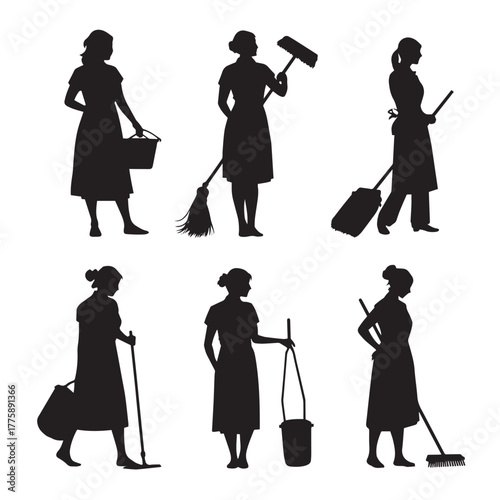 House cleaning lady silhouette set isolated on white background