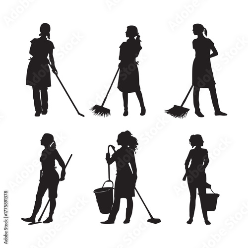 House cleaning lady silhouette set isolated on white background