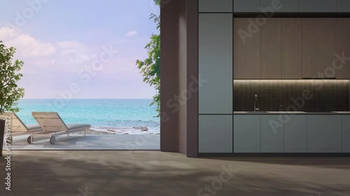 Minimalist coastal kitchen design shows large window to sea view and handleless cabinets. Soft daylight on empty wooden floor beside counter with tile backsplash near dining room 3d rendering.