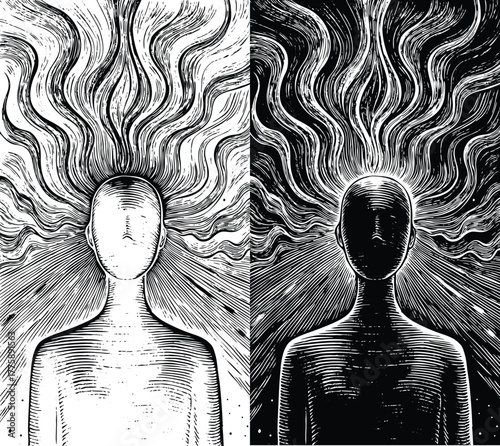 Dualistic human forms with flowing hair symbolize duality of mind, consciousness, and contrast between light and dark